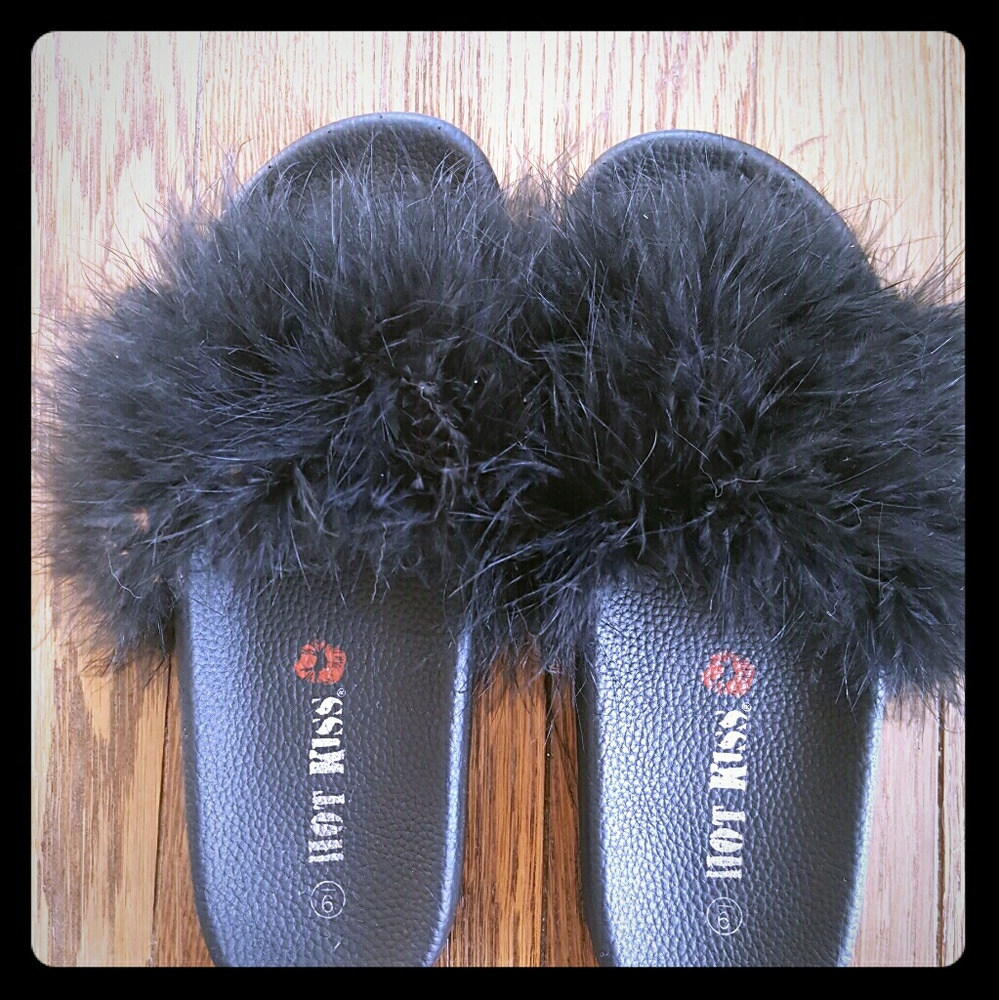 Black fuzzy slides